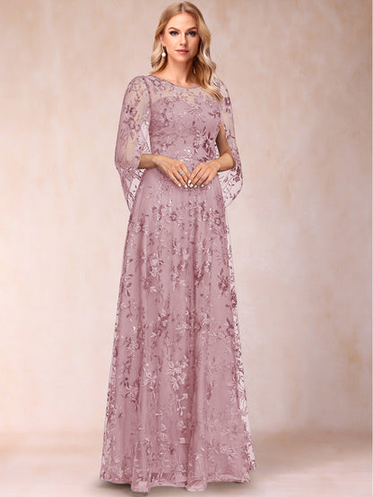 A-line Scoop Short Sleeves Appliques Mother of the Bride Dresses with Cape