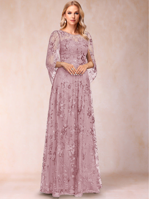 A-line Scoop Short Sleeves Appliques Mother of the Bride Dresses with Cape