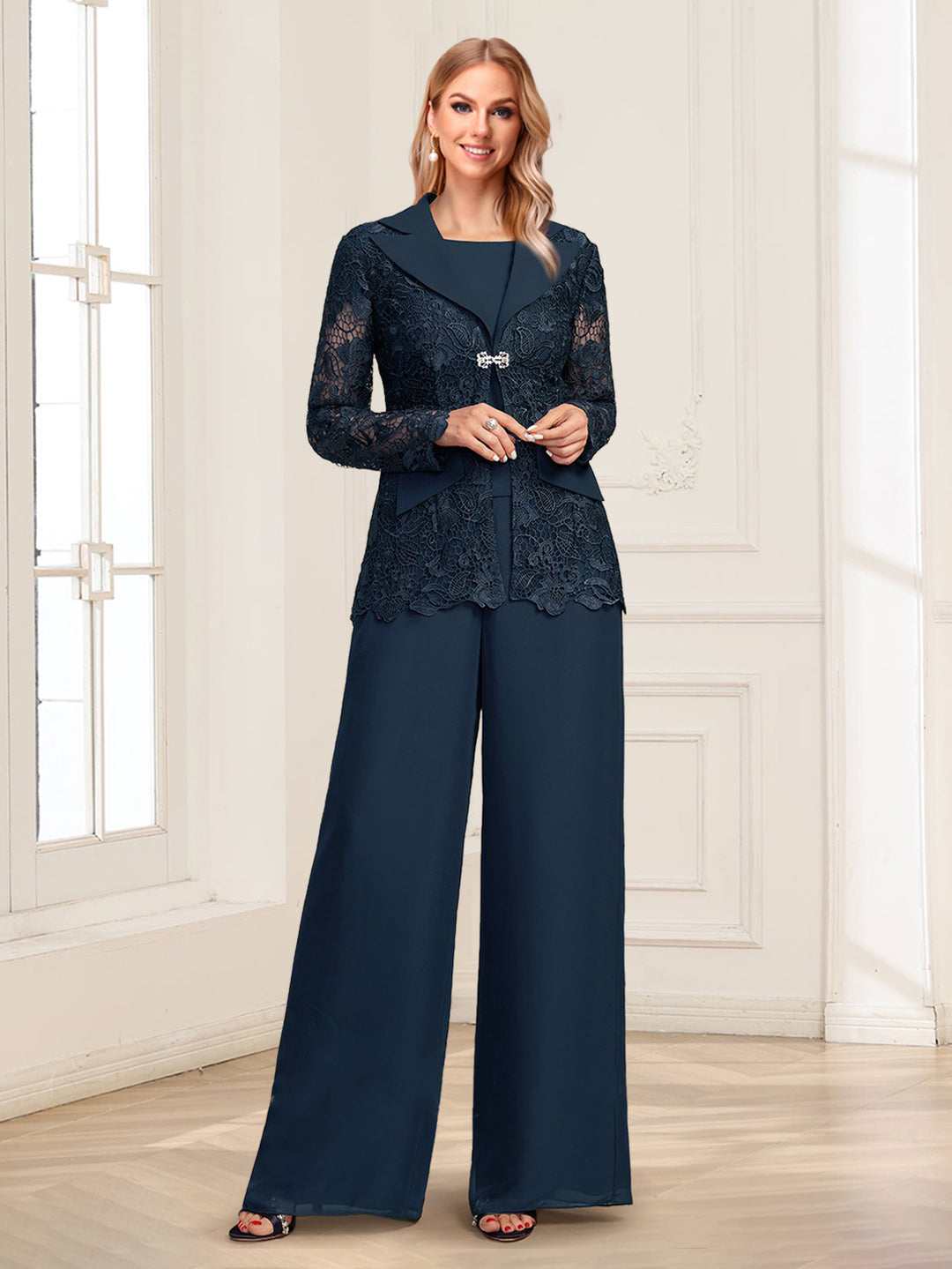 Lavetir Chiffon Pantsuit Scoop Floor-Length 3 Pieces Mother of the Bride Dresses with Jacket 2026