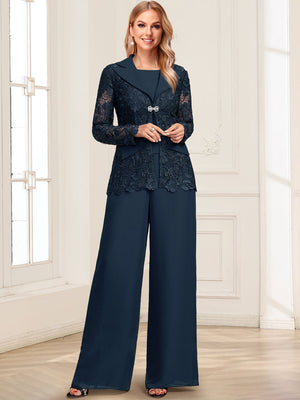 Chiffon Pantsuit Scoop Floor-Length 3 Pieces Mother of the Bride Dresses with Jacket