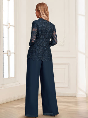 Chiffon Pantsuit Scoop Floor-Length 3 Pieces Mother of the Bride Dresses with Jacket