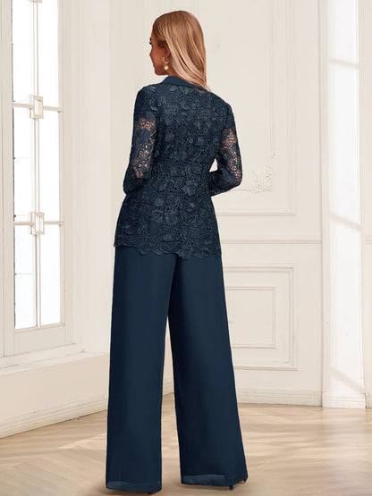 Chiffon Pantsuit Scoop Floor-Length 3 Pieces Mother of the Bride Dresses with Jacket