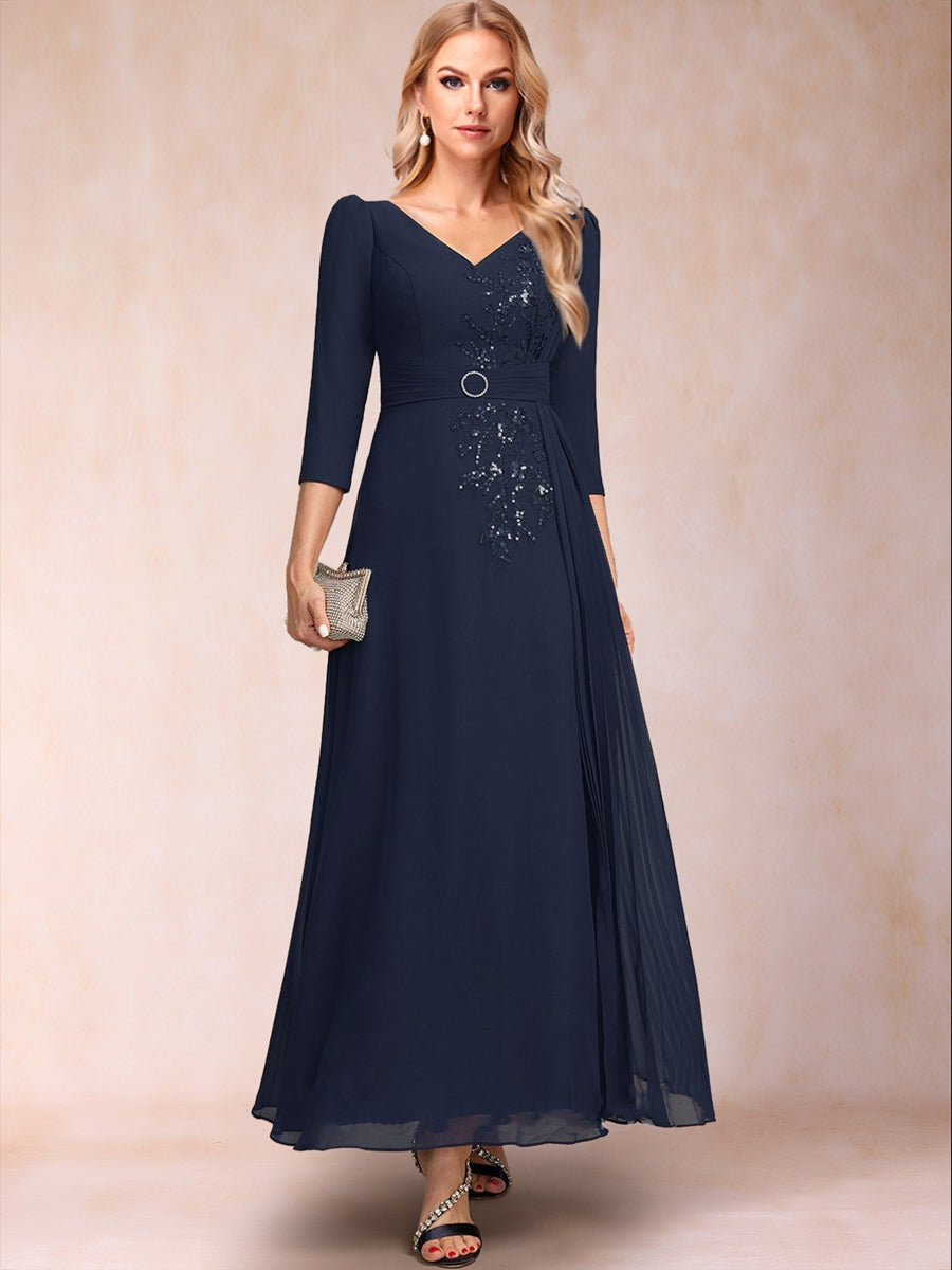 A-Line/Princess V-Neck 3/4 Sleeves Ankle-Length Mother Of The Bride Dresses With Sequins & Sash