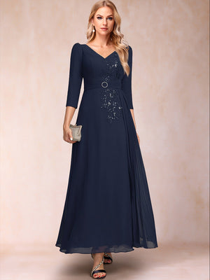 A-Line/Princess V-Neck 3/4 Sleeves Ankle-Length Mother Of The Bride Dresses With Sequins & Sash