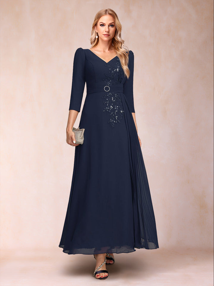 A-Line/Princess V-Neck 3/4 Sleeves Ankle-Length Mother Of The Bride Dresses With Sequins &amp; Sash