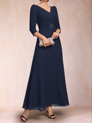 A-Line/Princess V-Neck 3/4 Sleeves Ankle-Length Mother Of The Bride Dresses With Sequins & Sash