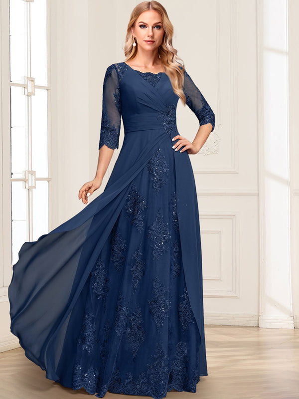 A-Line/Princess Square Neck 3/4 Sleeves Floor-Length Mother Of The Bride Dresses With Appliques & Sequins