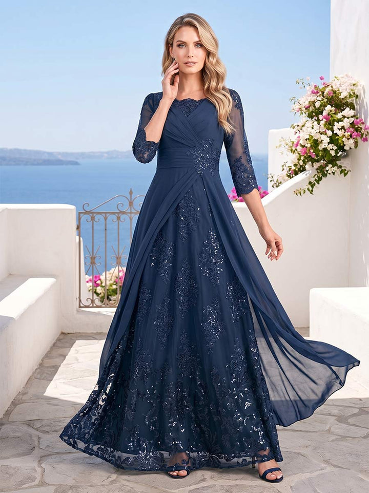 A-Line/Princess Square Neck 3/4 Sleeves Floor-Length Mother Of The Bride Dresses With Appliques &amp; Sequins