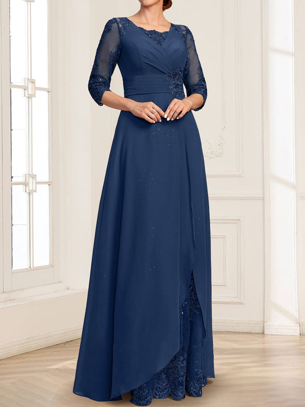 A-Line/Princess Square Neck 3/4 Sleeves Floor-Length Mother Of The Bride Dresses With Appliques & Sequins