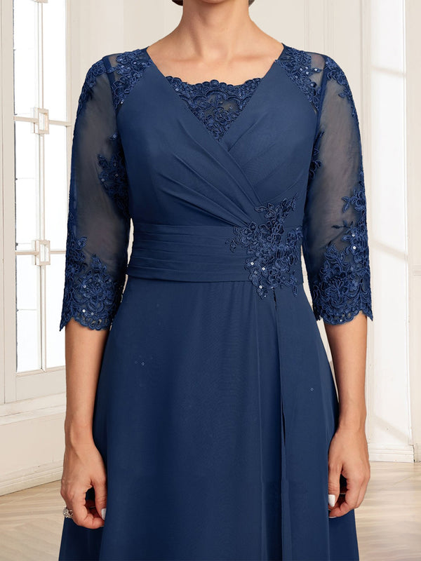 A-Line/Princess Square Neck 3/4 Sleeves Floor-Length Mother Of The Bride Dresses With Appliques & Sequins