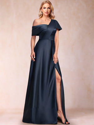 Satin A-Line/Princess Asymmetrical One-Shoulder Short Sleeves Floor-Length Mother of the Bride Dresses with Split Side