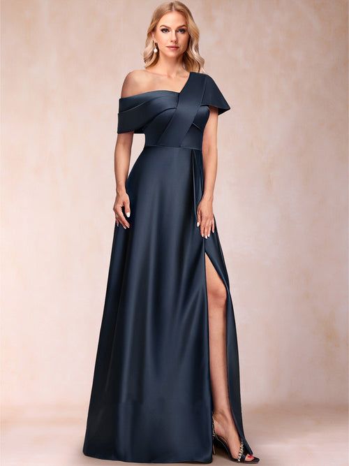 Satin A-Line/Princess Asymmetrical One-Shoulder Short Sleeves Floor-Length Mother of the Bride Dresses with Split Side