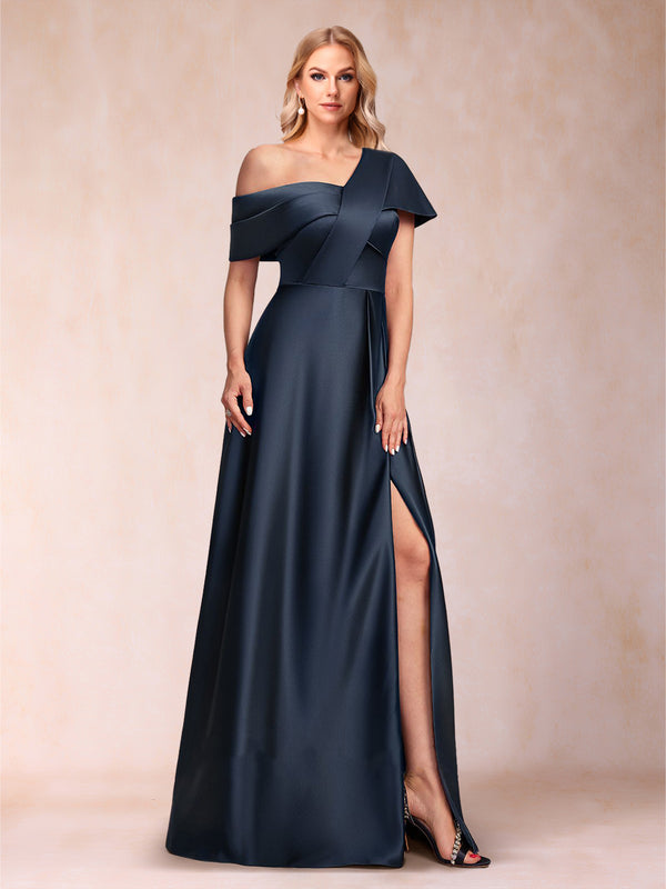 Satin A-Line/Princess Asymmetrical One-Shoulder Short Sleeves Floor-Length Mother of the Bride Dresses with Split Side