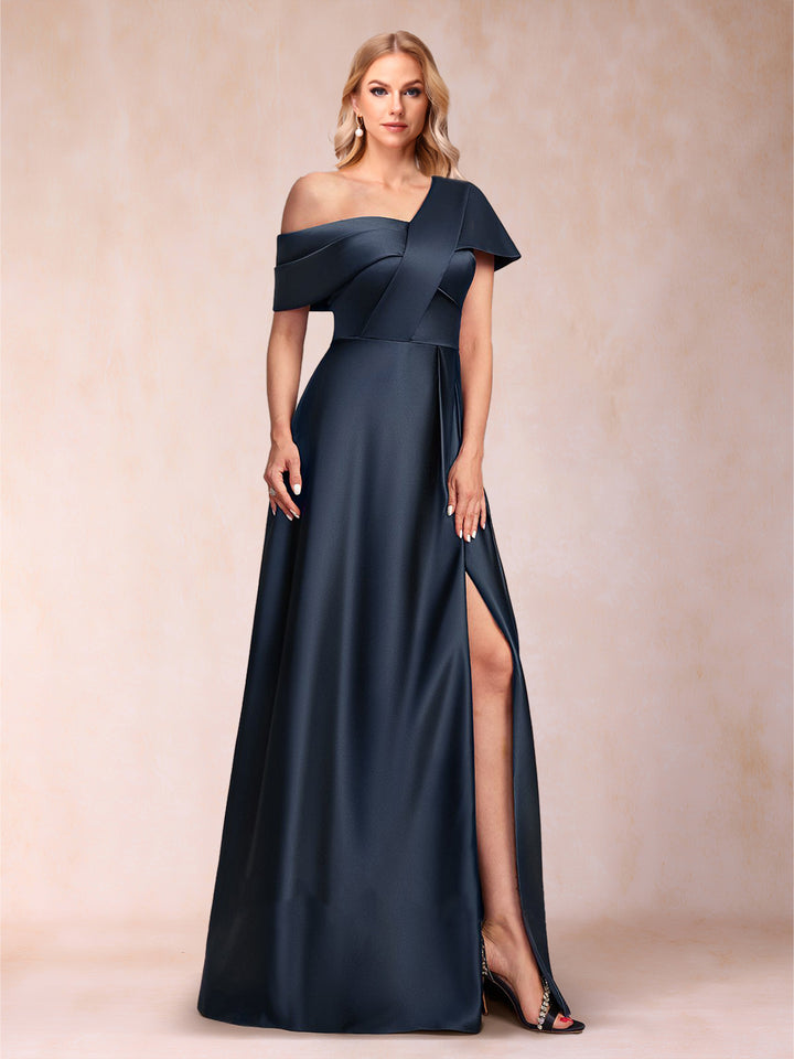 Satin A-Line/Princess Asymmetrical One-Shoulder Short Sleeves Floor-Length Mother of the Bride Dresses with Split Side