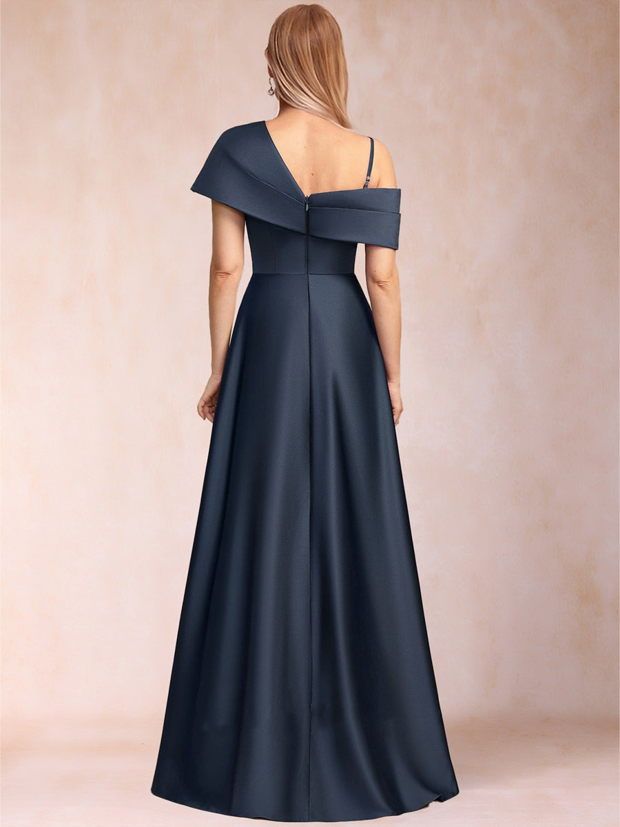 Satin A-Line/Princess Asymmetrical One-Shoulder Short Sleeves Floor-Length Mother of the Bride Dresses with Split Side