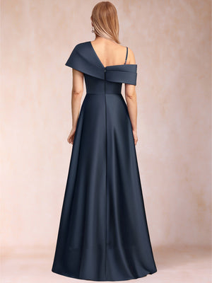 Satin A-Line/Princess Asymmetrical One-Shoulder Short Sleeves Floor-Length Mother of the Bride Dresses with Split Side