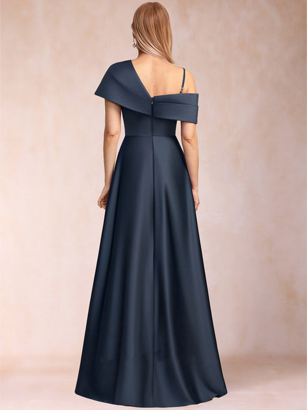 Satin A-Line/Princess Asymmetrical One-Shoulder Short Sleeves Floor-Length Mother of the Bride Dresses with Split Side