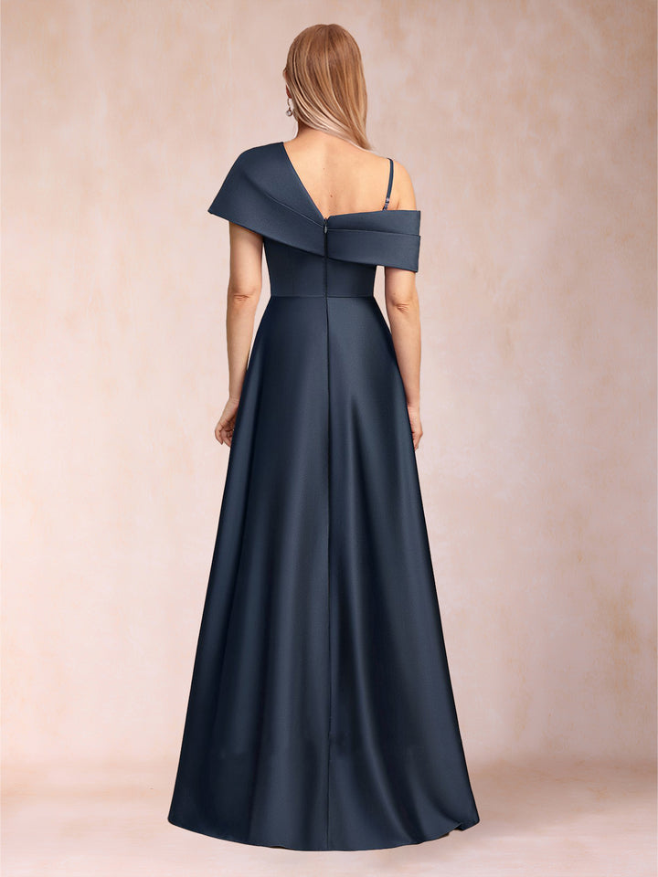 Satin A-Line/Princess Asymmetrical One-Shoulder Short Sleeves Floor-Length Mother of the Bride Dresses with Split Side
