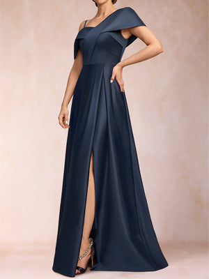 Satin A-Line/Princess Asymmetrical One-Shoulder Short Sleeves Floor-Length Mother of the Bride Dresses with Split Side