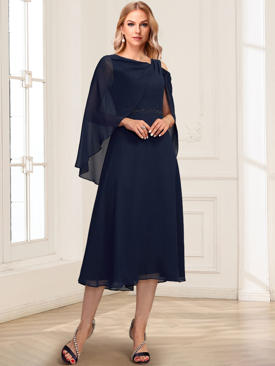 A-Line Asymmetrical Neck Tea-Length Mother Of The Bride Dresses With Beading & Cape