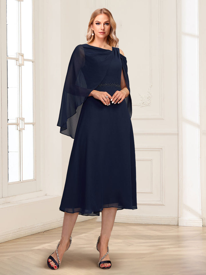 A-Line Asymmetrical Neck Tea-Length Mother Of The Bride Dresses With Beading &amp; Cape
