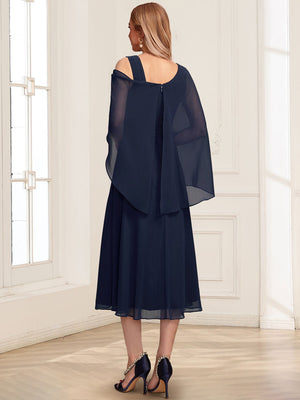 A-Line Asymmetrical Neck Tea-Length Mother Of The Bride Dresses With Beading & Cape