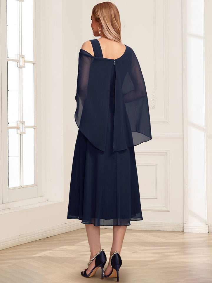 A-Line Asymmetrical Neck Tea-Length Mother Of The Bride Dresses With Beading &amp; Cape