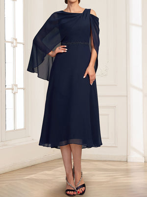 A-Line Asymmetrical Neck Tea-Length Mother Of The Bride Dresses With Beading & Cape