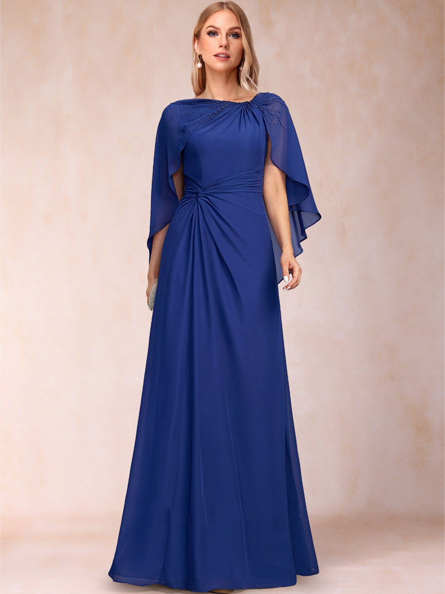Chiffon A-Line Asymmetrical Cap Sleeves Floor-Length Mother Of The Bride Dresses With  Pleated Beading