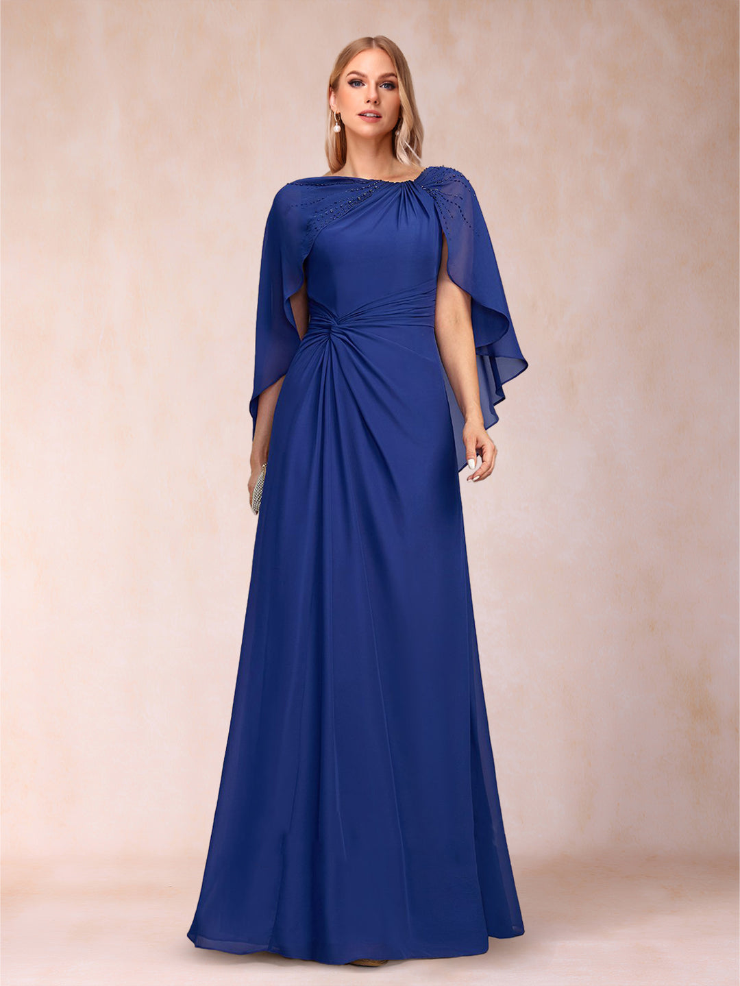 Chiffon A-Line Asymmetrical Cap Sleeves Floor-Length Mother Of The Bride Dresses With  Pleated Beading