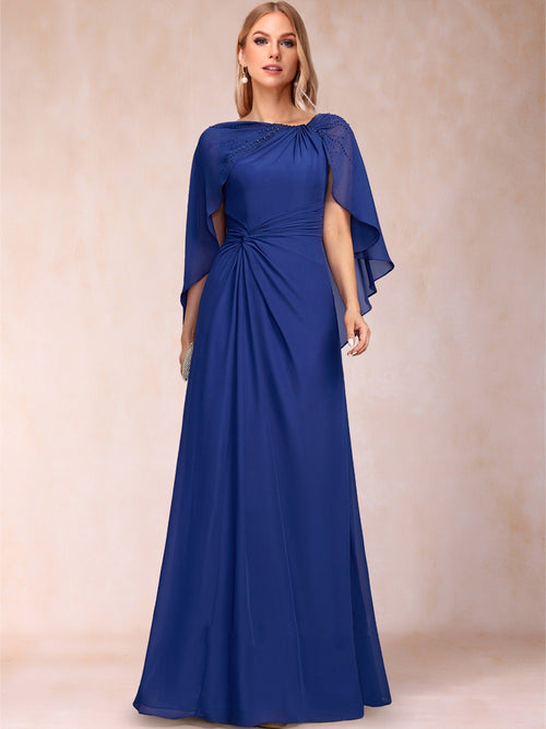 Chiffon A-Line Asymmetrical Cap Sleeves Floor-Length Mother Of The Bride Dresses With  Pleated Beading