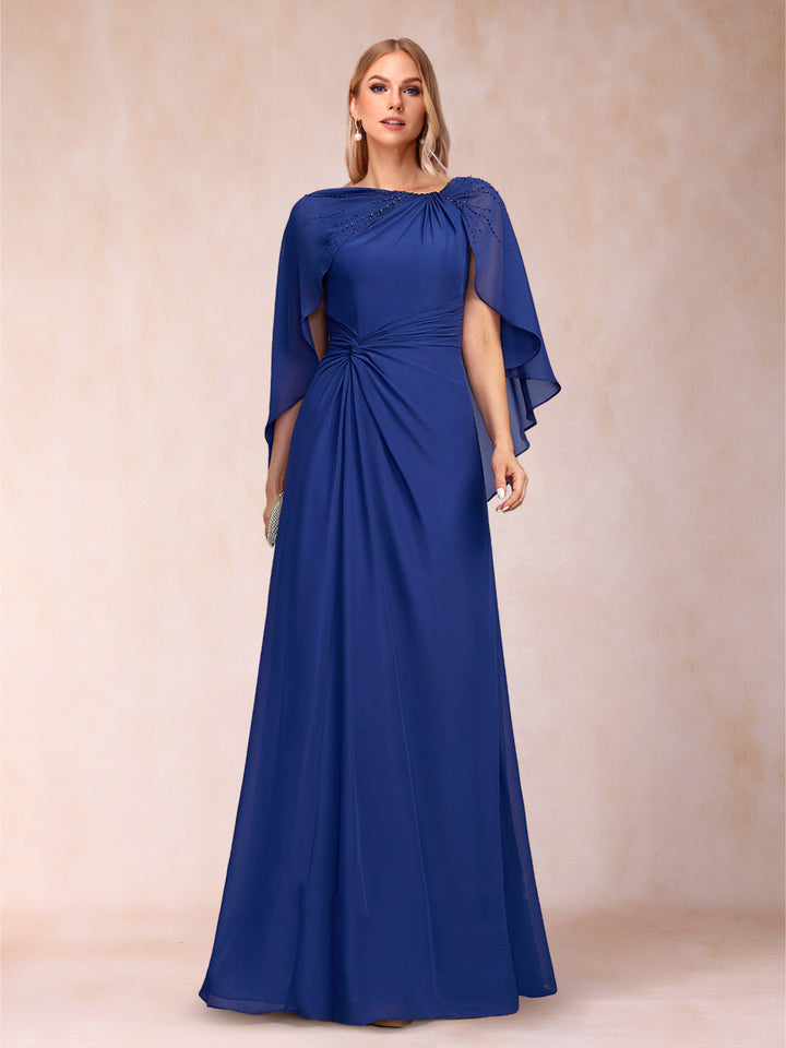 Chiffon A-Line Asymmetrical Cap Sleeves Floor-Length Mother Of The Bride Dresses With  Pleated Beading