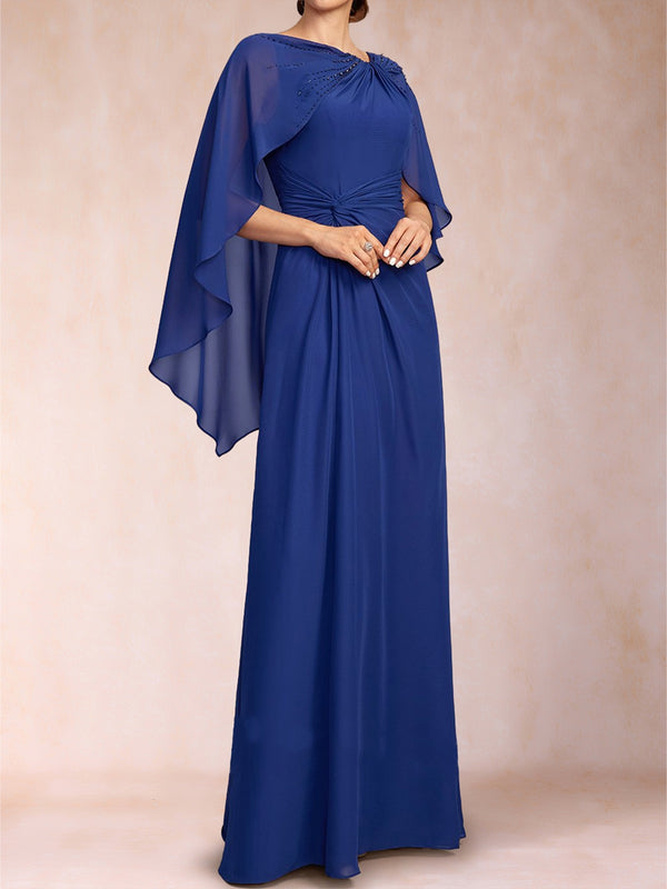 Chiffon A-Line Asymmetrical Cap Sleeves Floor-Length Mother Of The Bride Dresses With  Pleated Beading