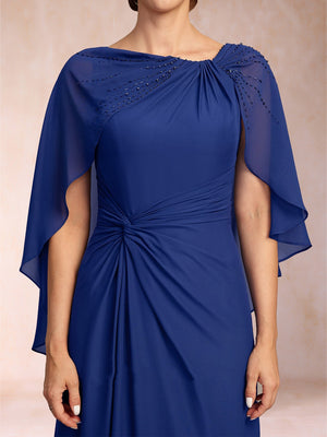 Chiffon A-Line Asymmetrical Cap Sleeves Floor-Length Mother Of The Bride Dresses With  Pleated Beading