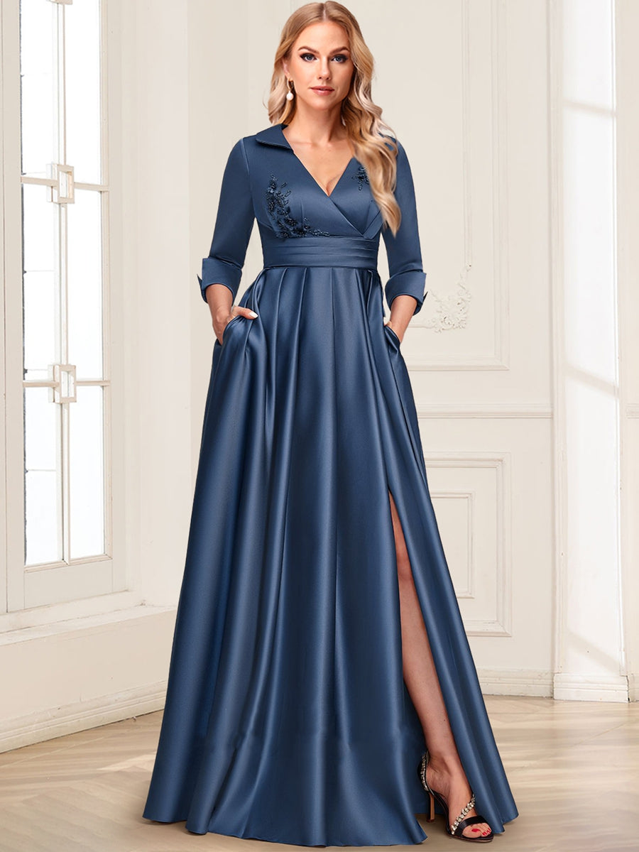 Satin A-Line/Princess V-Neck Collared 3/4 Sleeves Floor-Length Mother of the Bride Dresses with 3D Floral & Beading