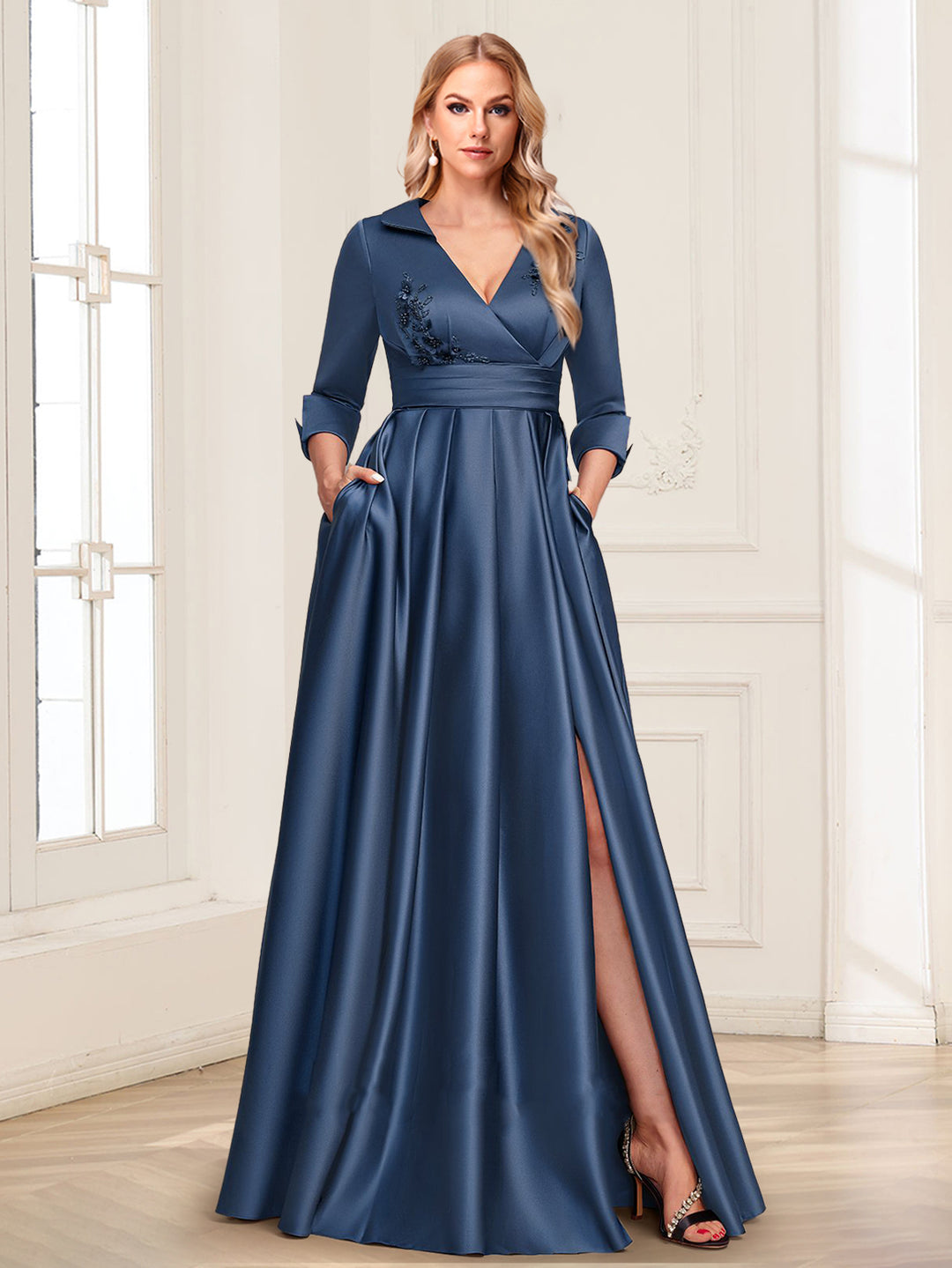 Satin A-Line/Princess V-Neck Collared 3/4 Sleeves Floor-Length Mother of the Bride Dresses with 3D Floral &amp; Beading