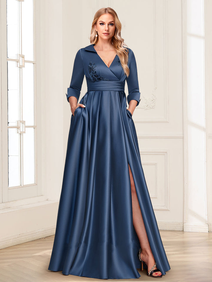 Satin A-Line/Princess V-Neck Collared 3/4 Sleeves Floor-Length Mother of the Bride Dresses with 3D Floral &amp; Beading