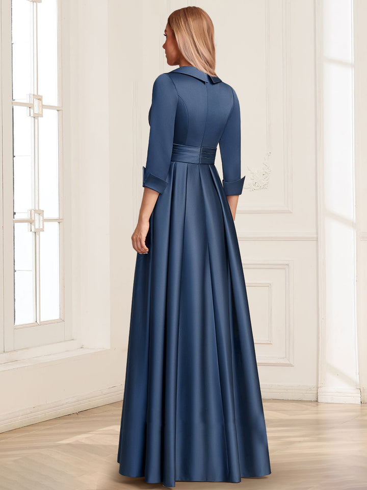 Satin A-Line/Princess V-Neck Collared 3/4 Sleeves Floor-Length Mother of the Bride Dresses with 3D Floral &amp; Beading
