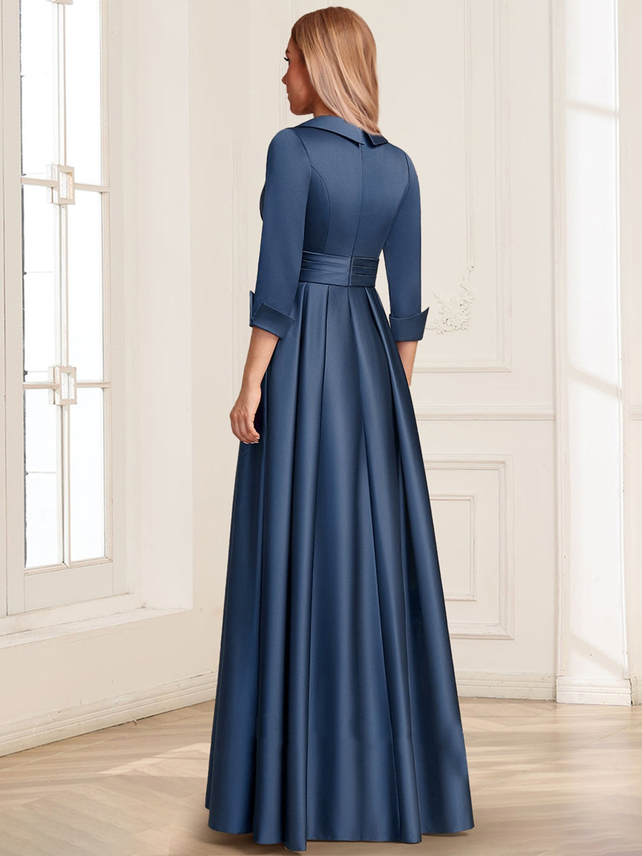 Satin A-Line/Princess V-Neck Collared 3/4 Sleeves Floor-Length Mother of the Bride Dresses with 3D Floral & Beading