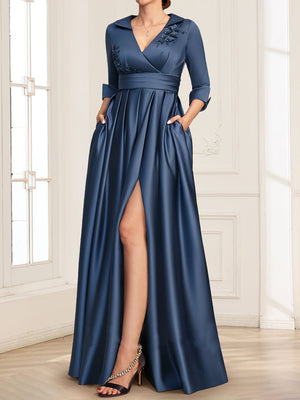 Satin A-Line/Princess V-Neck Collared 3/4 Sleeves Floor-Length Mother of the Bride Dresses with 3D Floral & Beading