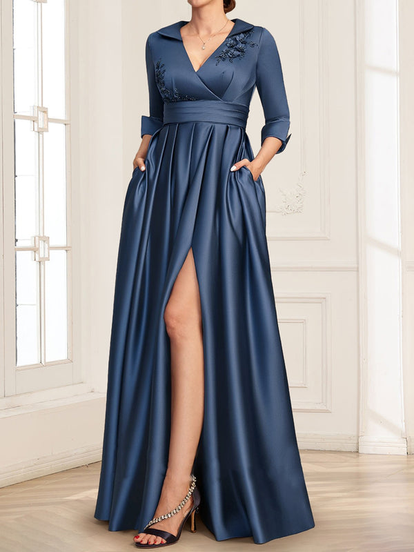 Satin A-Line/Princess V-Neck Collared 3/4 Sleeves Floor-Length Mother of the Bride Dresses with 3D Floral & Beading
