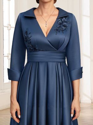 Satin A-Line/Princess V-Neck Collared 3/4 Sleeves Floor-Length Mother of the Bride Dresses with 3D Floral & Beading