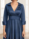 Satin A-Line/Princess V-Neck Collared 3/4 Sleeves Floor-Length Mother of the Bride Dresses with 3D Floral & Beading