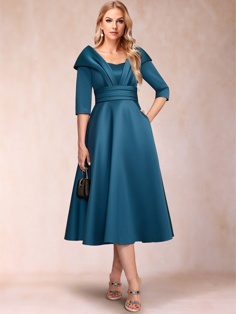 A-Line/Princess Sweetheart Collared 3/4 Sleeves Tea-Length Mother of the Bride Dresses with Pleated & Pockets