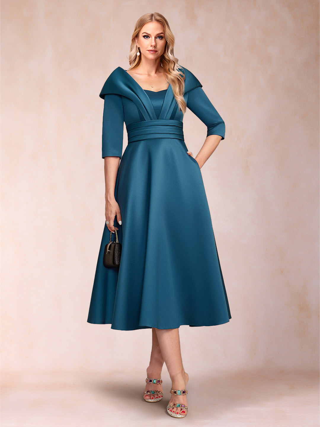 A-Line/Princess Sweetheart Collared 3/4 Sleeves Tea-Length Mother of the Bride Dresses with Pleated &amp; Pockets