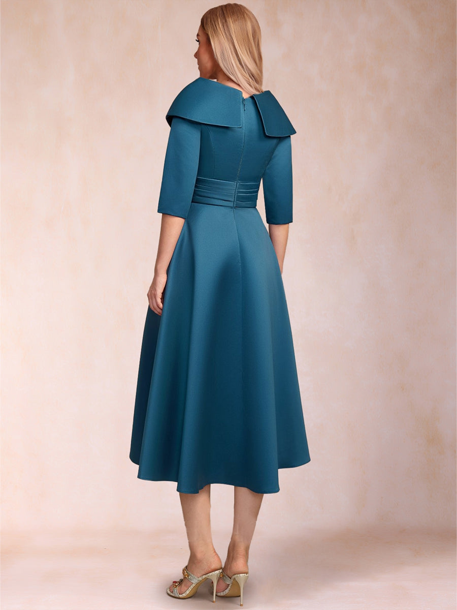 A-Line/Princess Sweetheart Collared 3/4 Sleeves Tea-Length Mother of the Bride Dresses with Pleated & Pockets