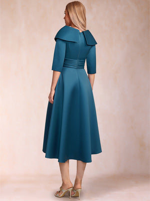 A-Line/Princess Sweetheart Collared 3/4 Sleeves Tea-Length Mother of the Bride Dresses with Pleated & Pockets