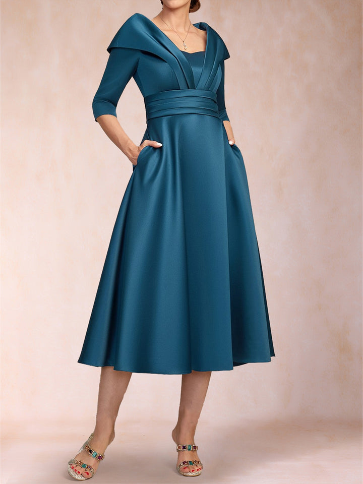 A-Line/Princess Sweetheart Collared 3/4 Sleeves Tea-Length Mother of the Bride Dresses with Pleated &amp; Pockets
