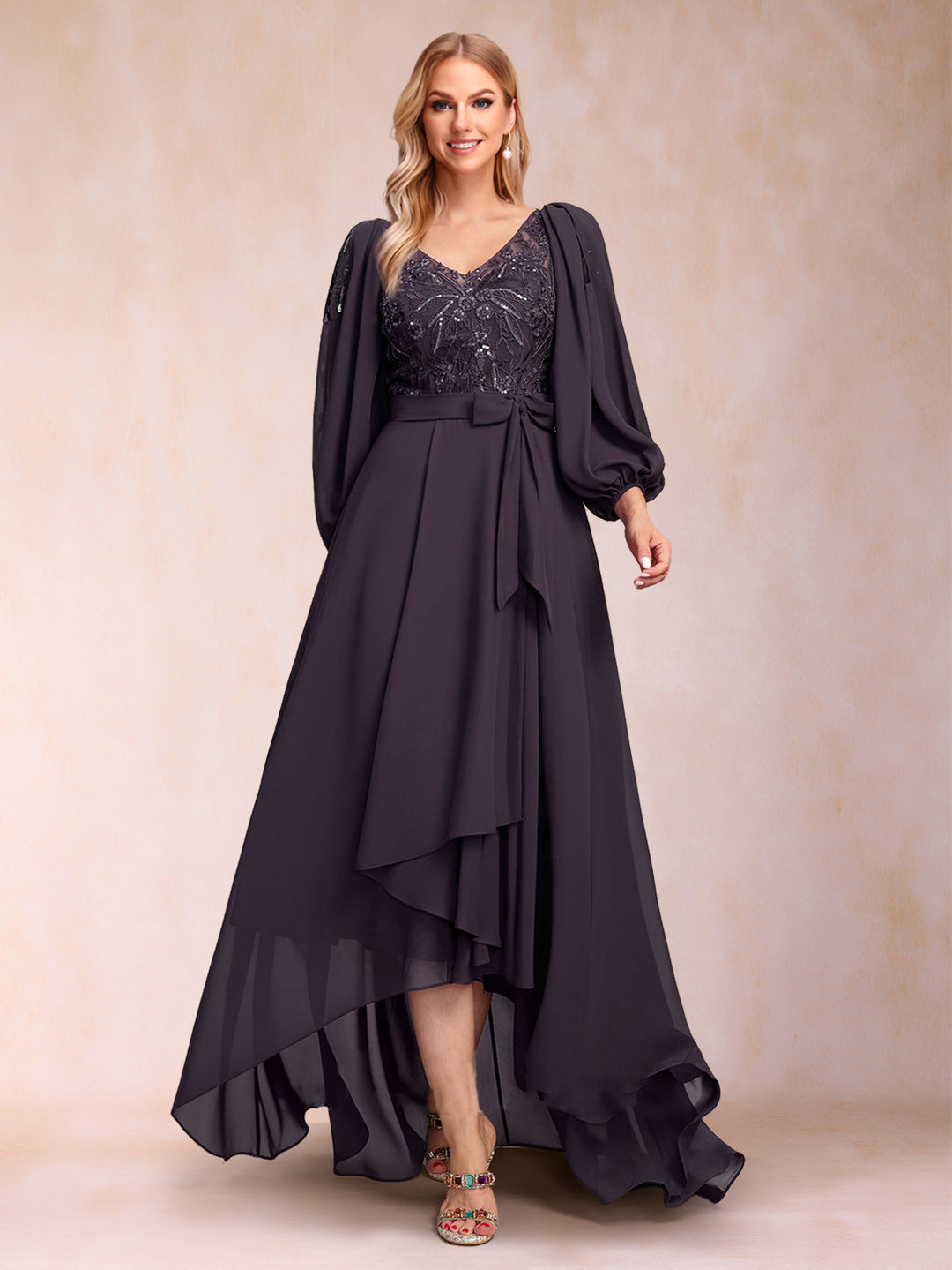 A-Line/Princess 3/4 Sleeves V-Neck Illusion Asymmetrical Floor-Length Mother of the Bride Dresses With  Sequins &amp; Sash