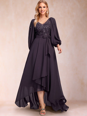 A-Line/Princess 3/4 Sleeves V-Neck Illusion Asymmetrical Floor-Length Mother of the Bride Dresses With  Sequins & Sash